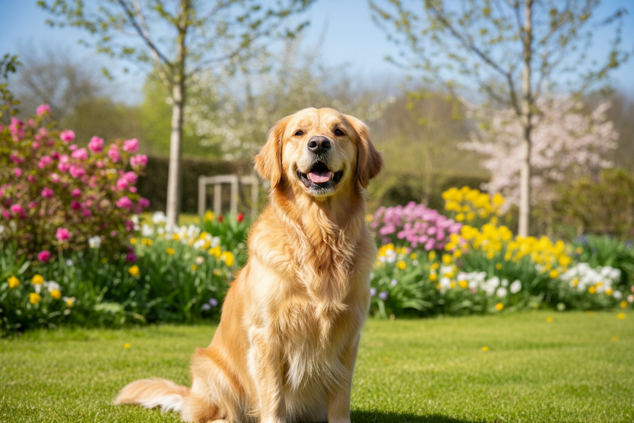 Well-groomed golden retriever in a sunny spring garden — dog grooming tips from Feedem Pet Supermarket