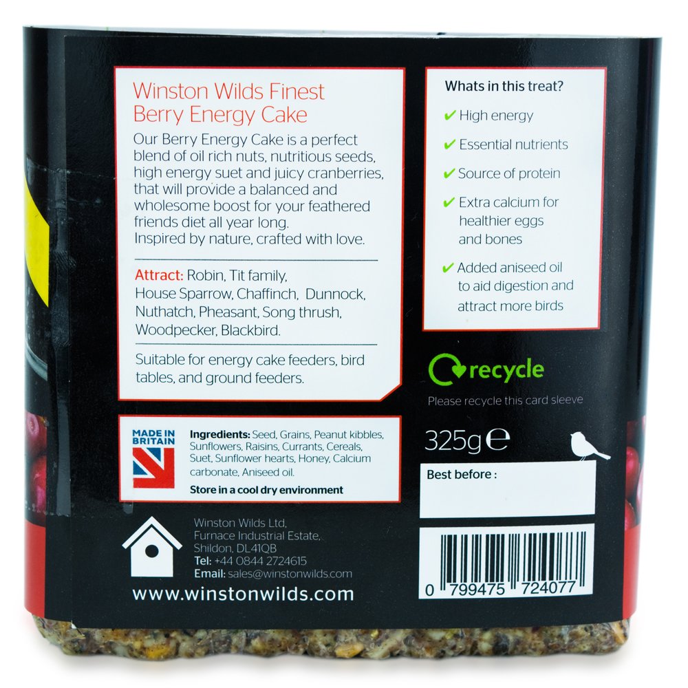 Back of a Winston Wilds Berry Energy Cake packaging with text and product details.