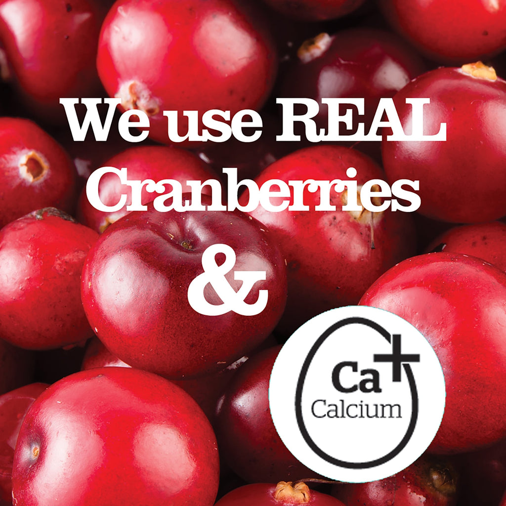 Close-up of cranberries with text 'We use REAL Cranberries & Calcium' and a calcium logo.