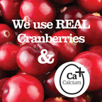 Close-up of cranberries with text 'We use REAL Cranberries & Calcium' and a calcium logo.