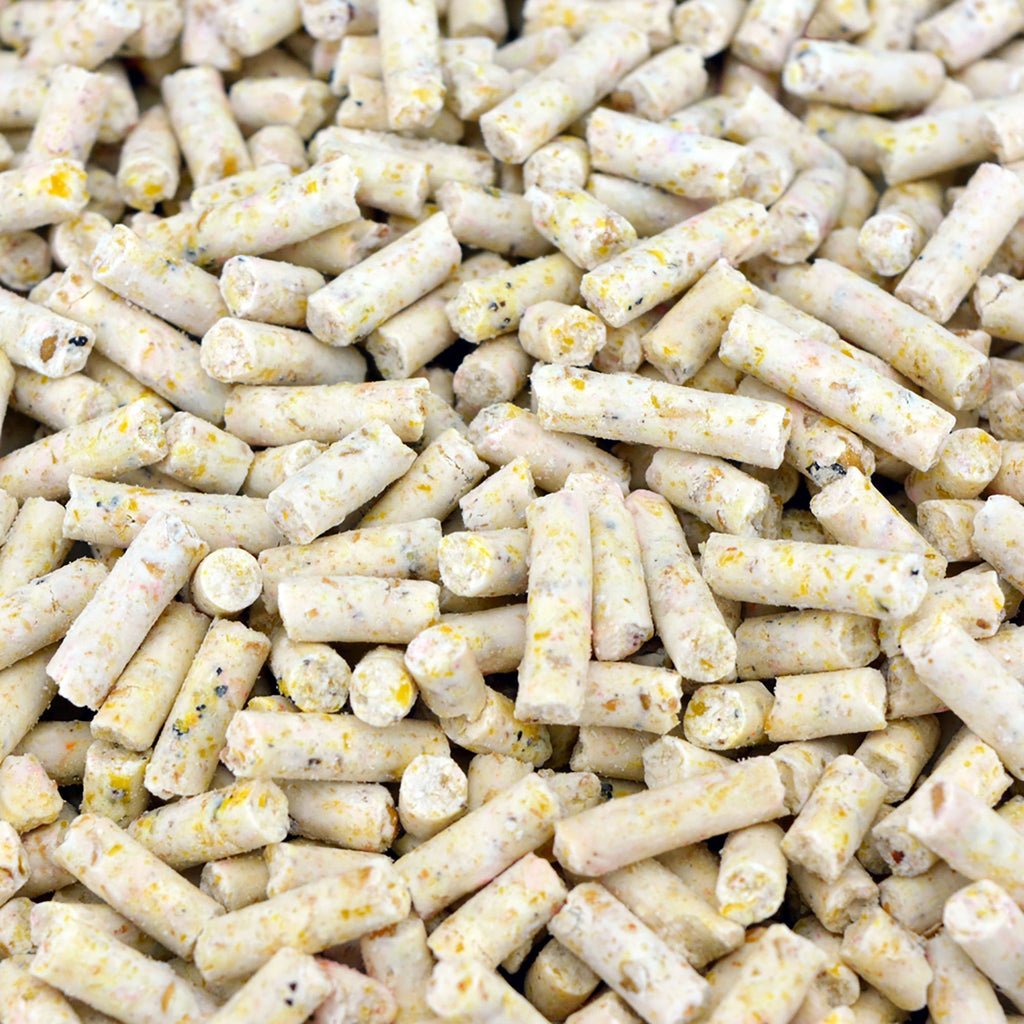 Close-up of white cylindrical granules with specks of yellow on a white background