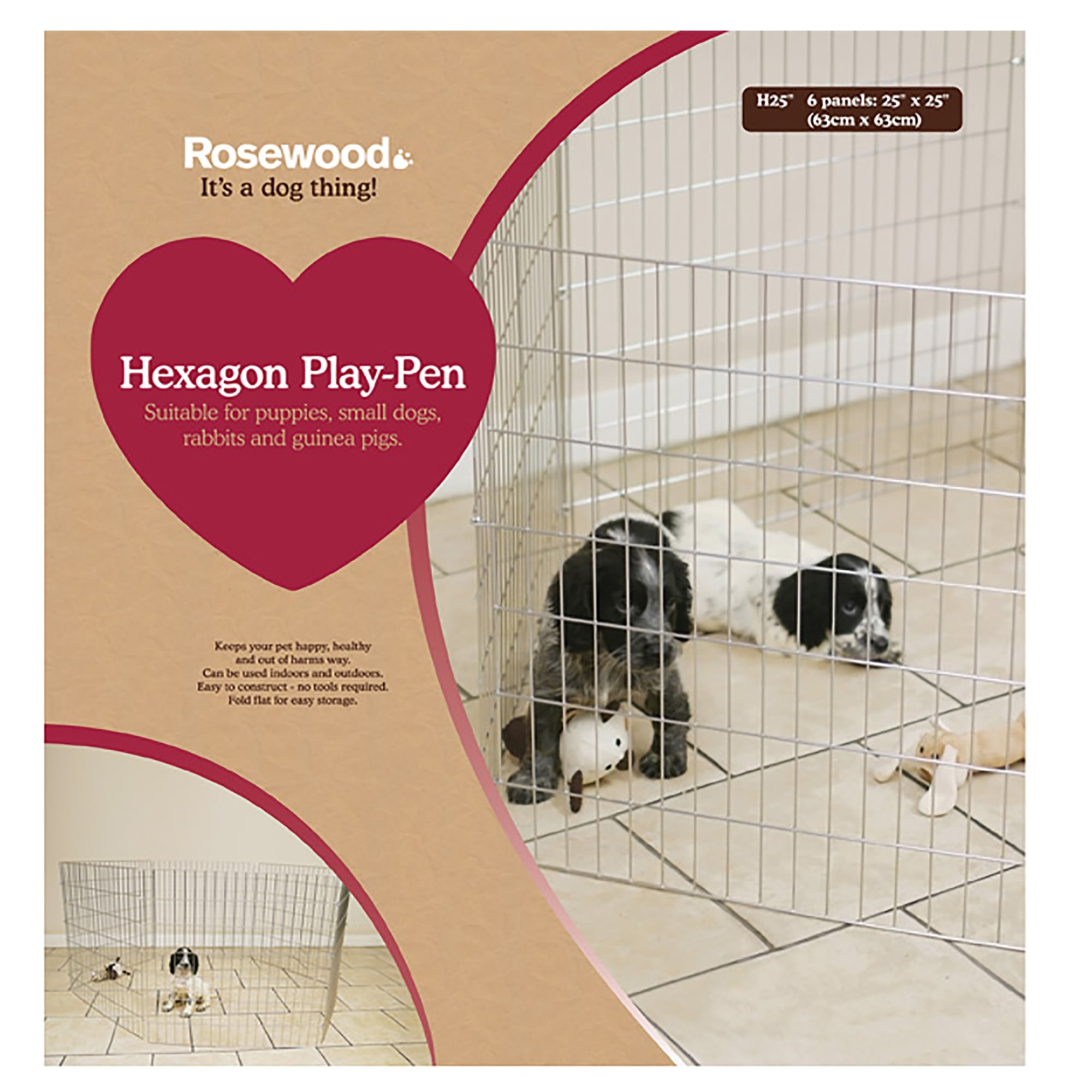 Rosewood Hexagon Play-Pen packaging with dogs inside on a beige background