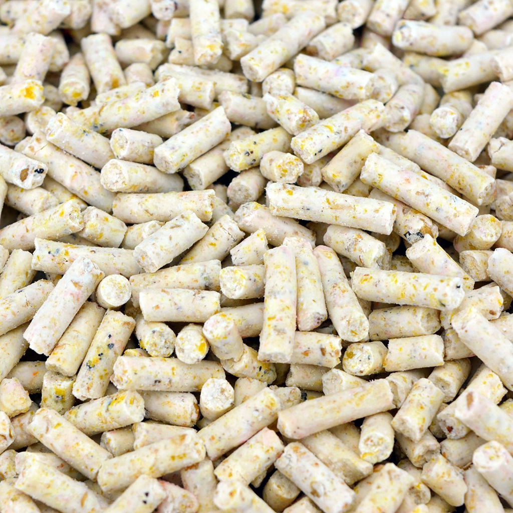 Close-up of white cylindrical granules with specks of yellow.