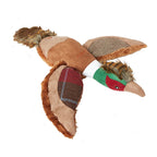 Plush pheasant toy with checkered patterned wings on a white background
