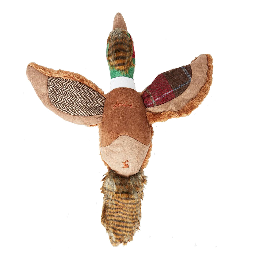 Plush pheasant head toy with patterned wings on a white background