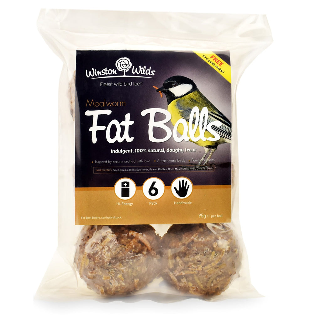 Packaging of Winston & Wilds Mealworm Fat Balls with a bird illustration on a white background