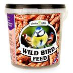 Container of wild bird feed with a label featuring birds and the brand 'Winston & Wilds'.