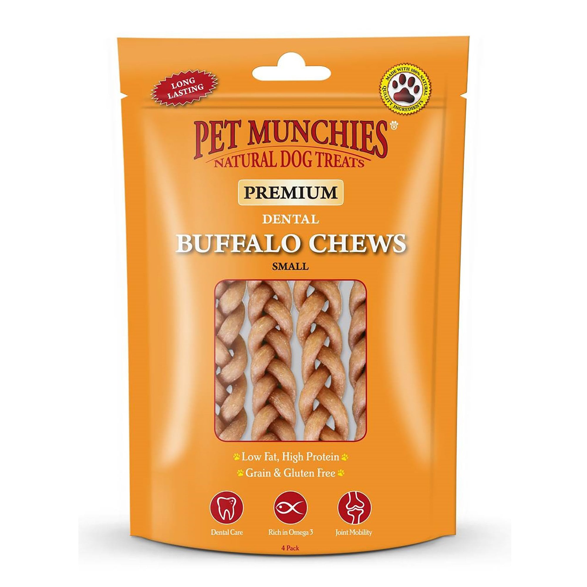 Pet Munchies Buffalo Dental Chew Small Natural Dog Treats - 4 x 55g Pack