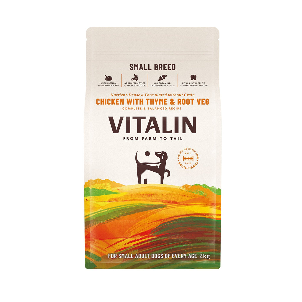 Vitalin dog food package for small breed dogs on a white background