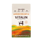 Vitalin dog food package for small breed dogs on a white background