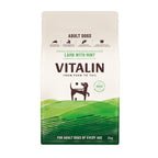 Vitalin dog food package for adult dogs with lamb and mint on a white background