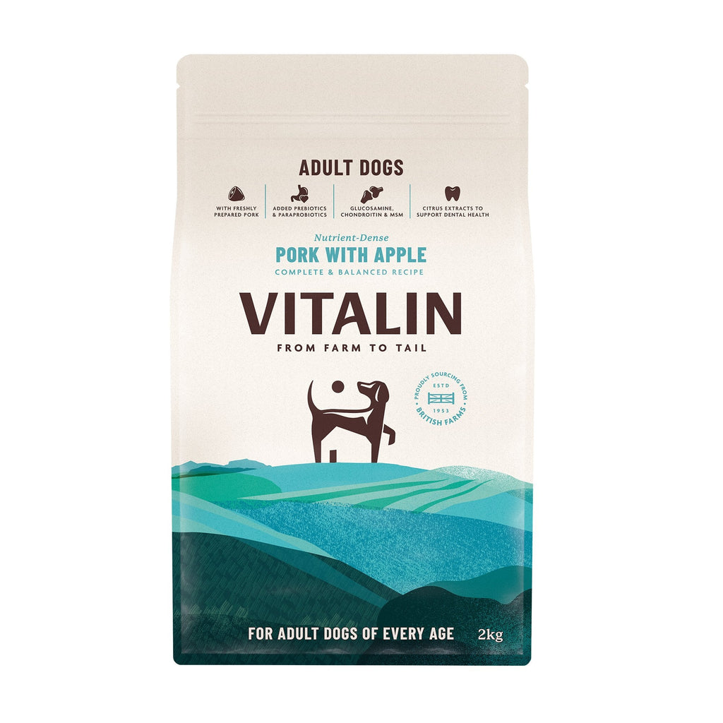 Vitalin dog food package with a scenic design on a white background