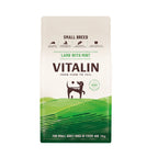 Vitalin dog food package for small breed dogs on a white background