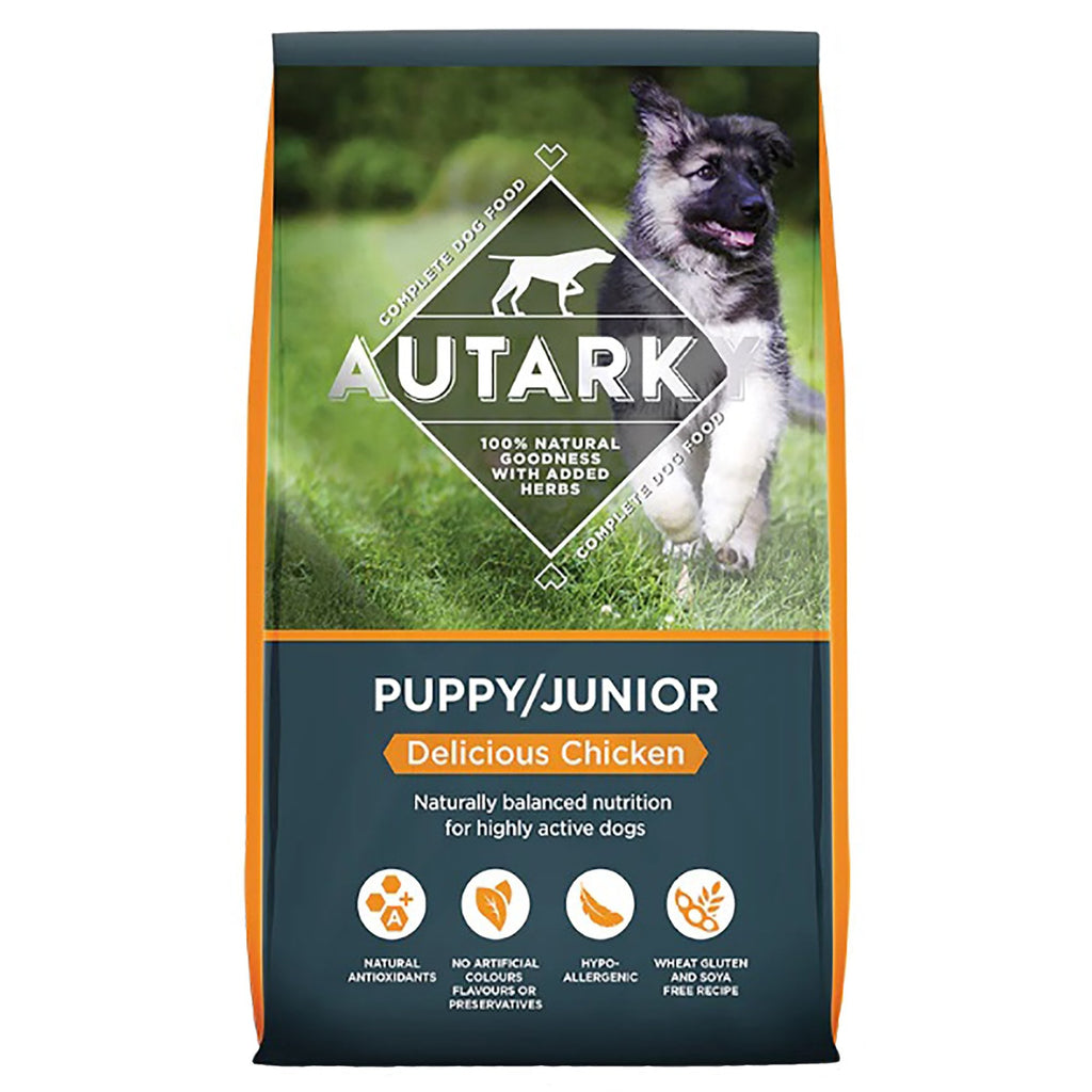 Autarky Puppy/Junior dog food package with a dog on a grass background