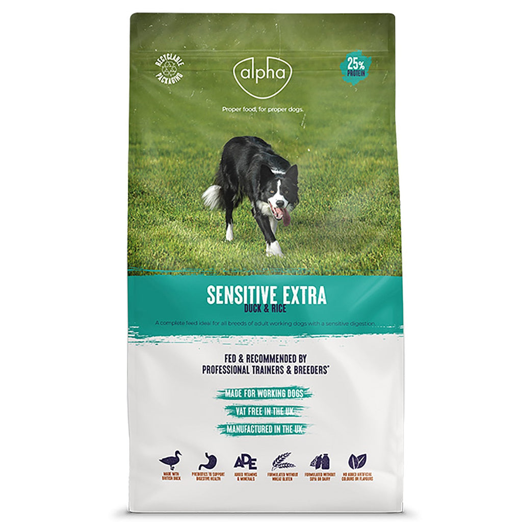 Dog food package with a dog on grass, featuring the brand 'alpha'.
