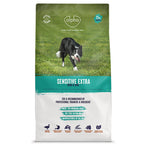 Dog food package with a dog on grass, featuring the brand 'alpha'.