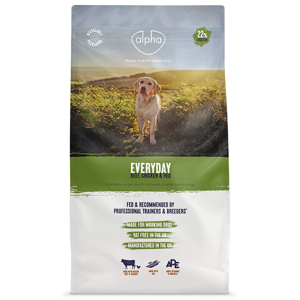 Dog food package with a dog on a field background, featuring the Alpha brand.