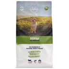 Dog food package with a dog on a field background, featuring the Alpha brand.