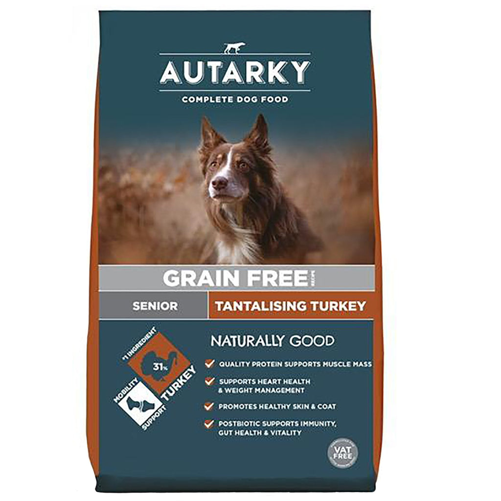 Autarky grain-free senior dog food package with a dog on the label