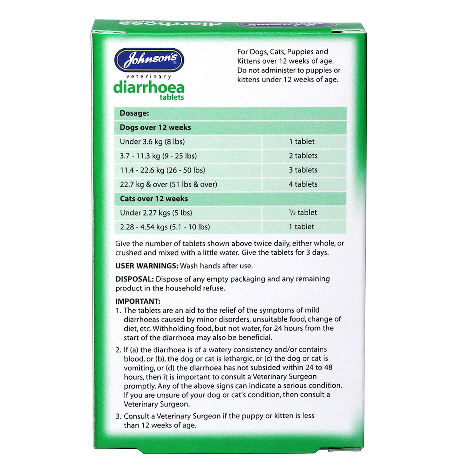 Johnson's Veterinary Diarrhoea Tablets For Cats & Dogs - 12 Pack