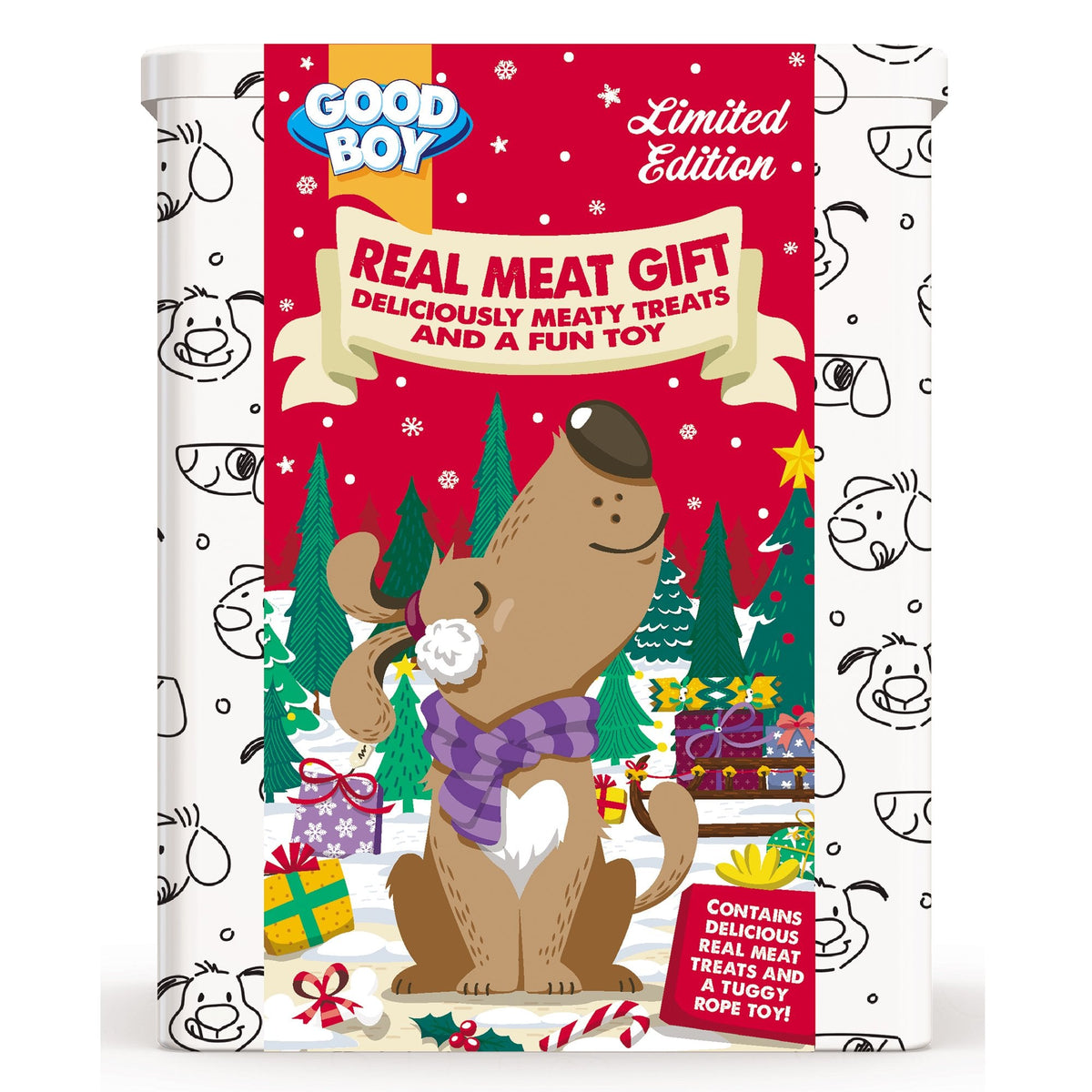Armitage Good Boy festive dog gift tin with four treat packs and tuggy rope toy
