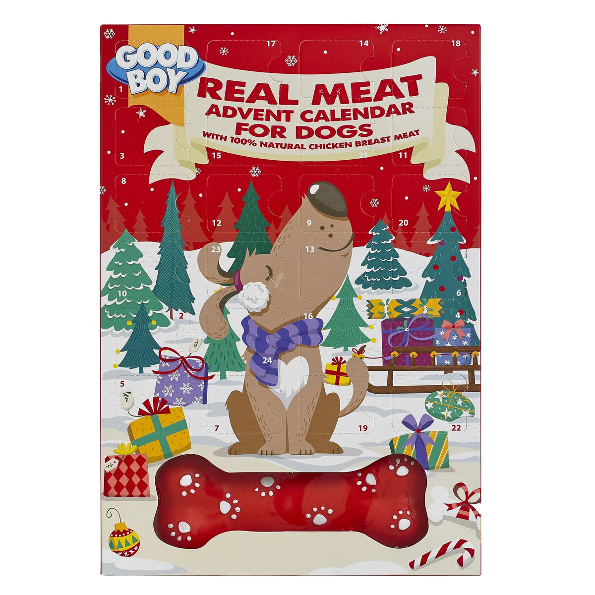 Armitage Good Boy Real Meat dog Advent calendar with 24 chicken treats and squeaky bone toy