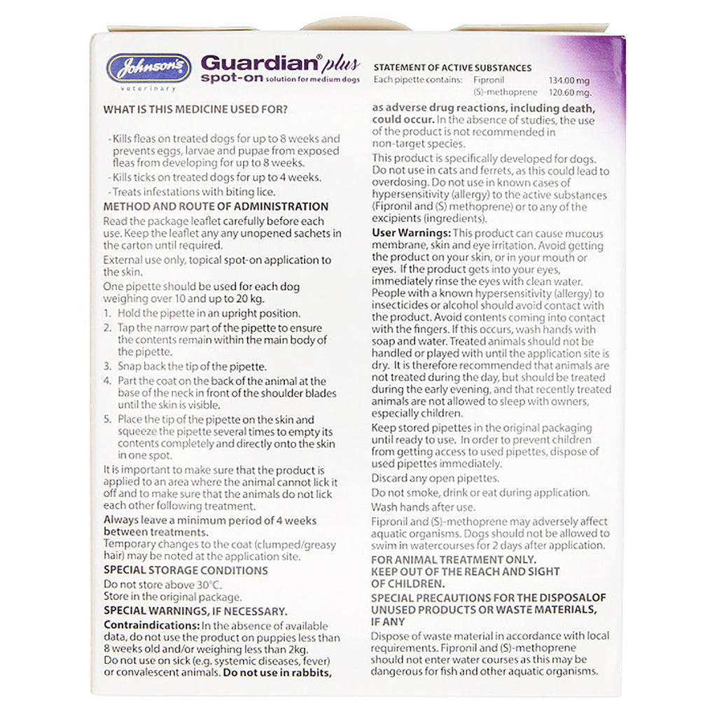 Johnson's Veterinary Guardian Plus Spot-On Solution For Medium Dogs 1 Treatment