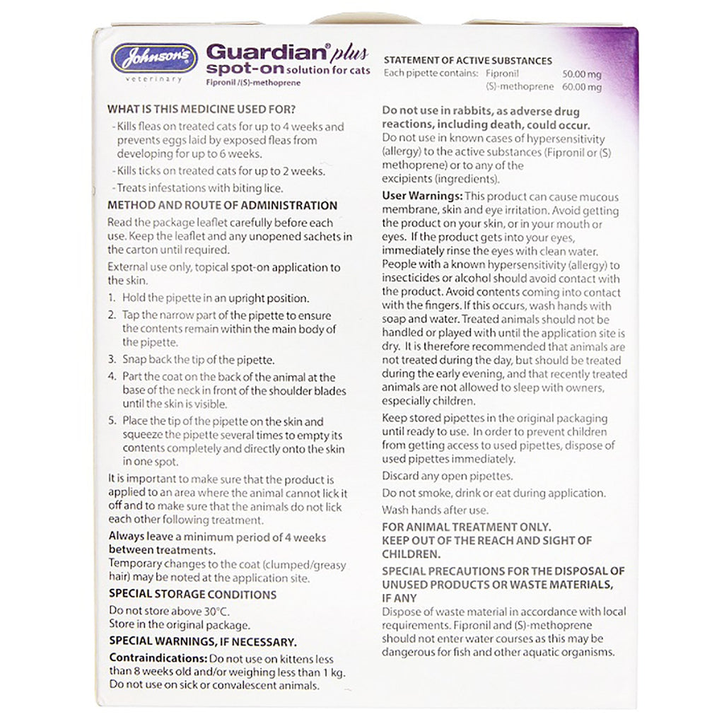 Johnson's Veterinary Guardian Plus Spot-On Solution For Cats - 1 Treatment