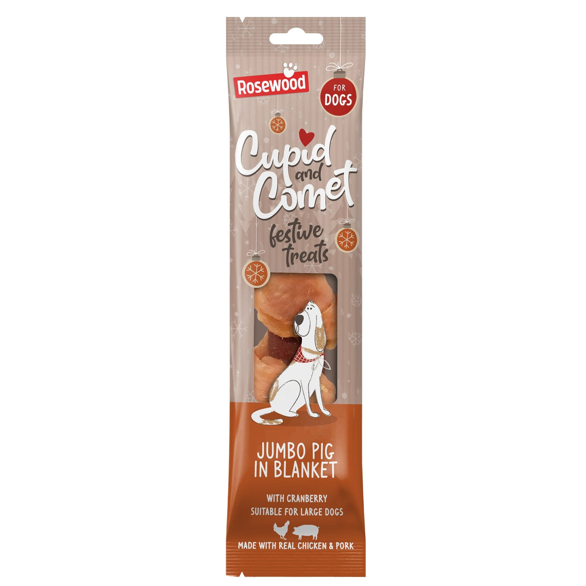 Rosewood Cupid and Comet Jumbo Pig in Blanket Festive Dog Treats 90g - packaging showing treat inside, with cranberry, suitable for large dogs, made with real chicken and pork
