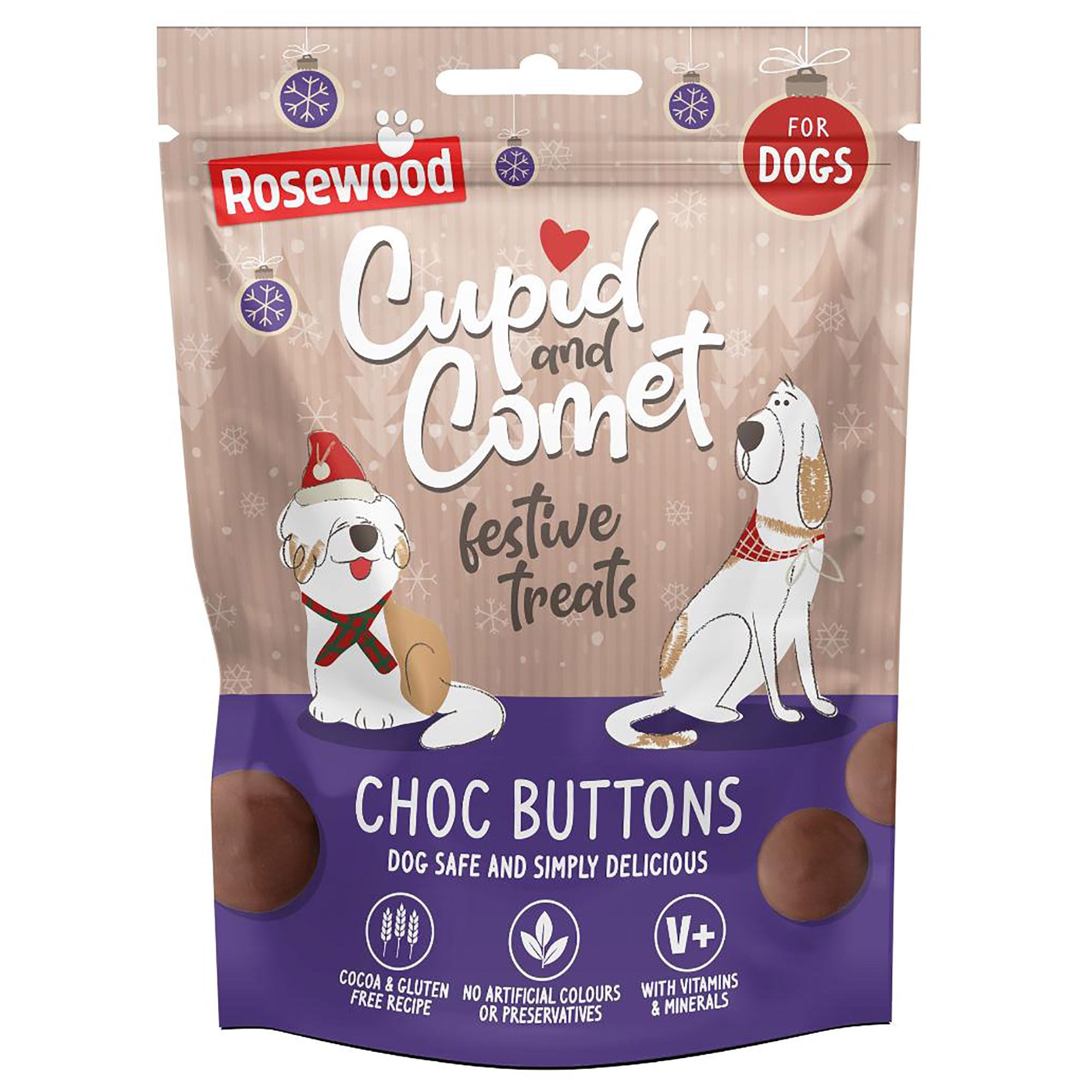 Rosewood Cupid & Comet Festive Choc Buttons Dog Treats 150g — cocoa and gluten free, no artificial colours or preservatives, with vitamins and minerals
