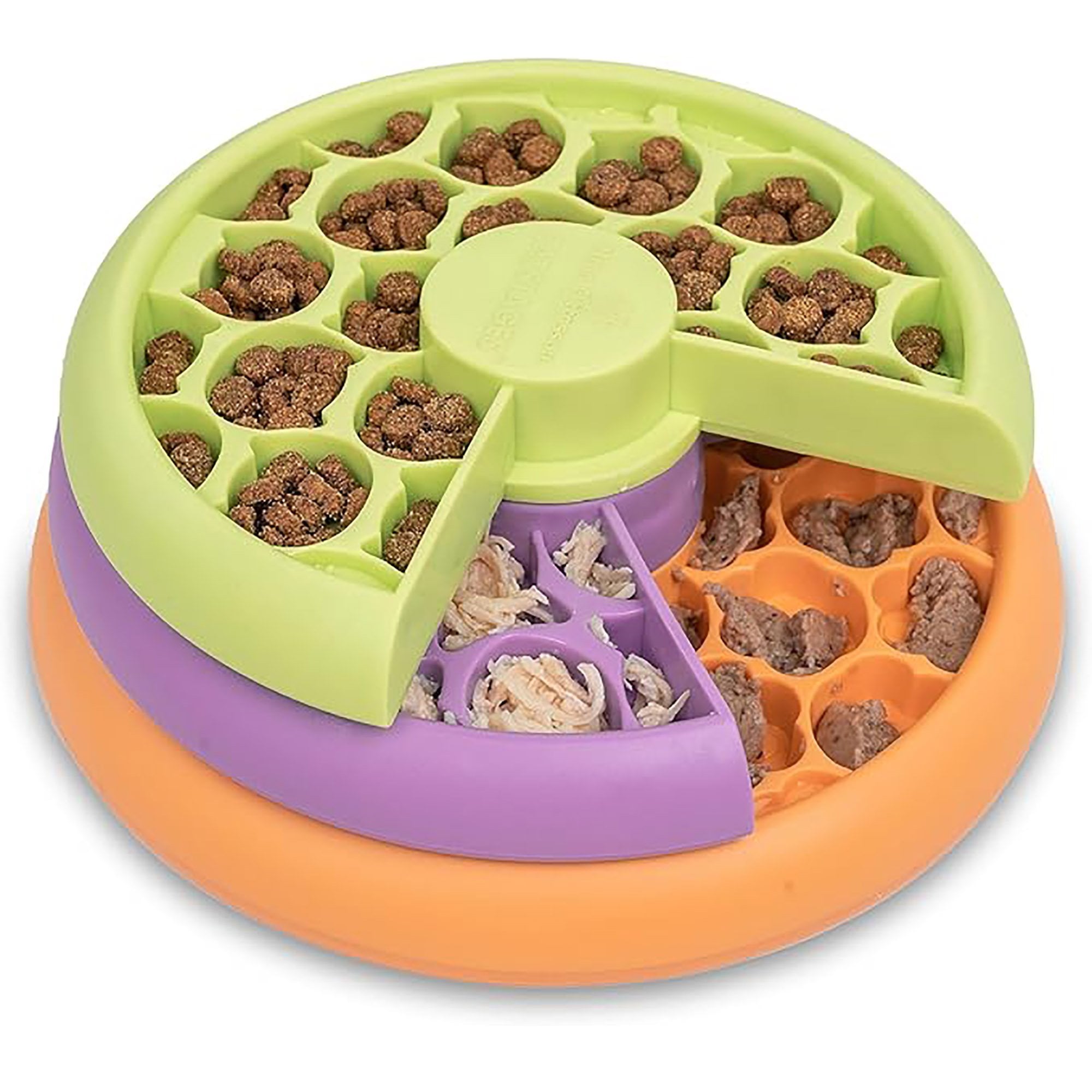 Colorful pet puzzle feeder with food compartments on a white background
