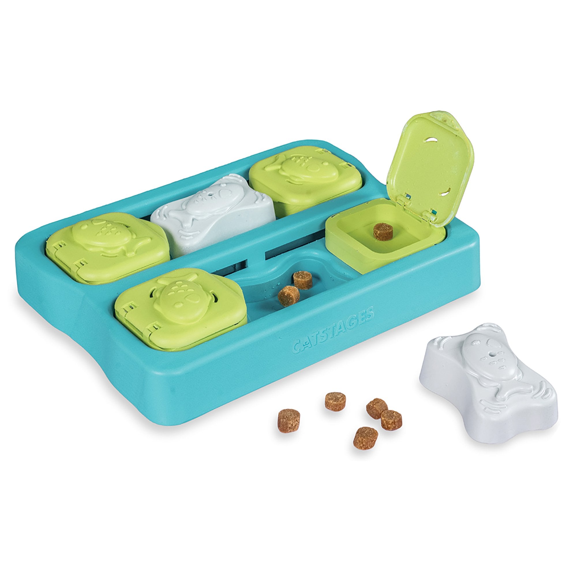 Pet puzzle toy with treat dispensers on a white background