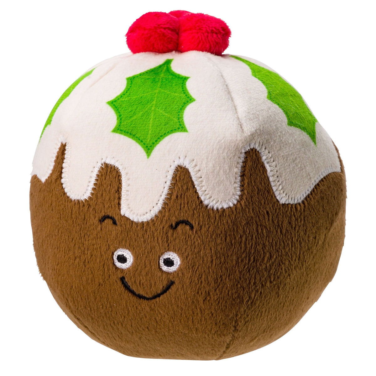 Smiling brown Christmas pudding plush dog toy with white icing, green holly leaves and red berries