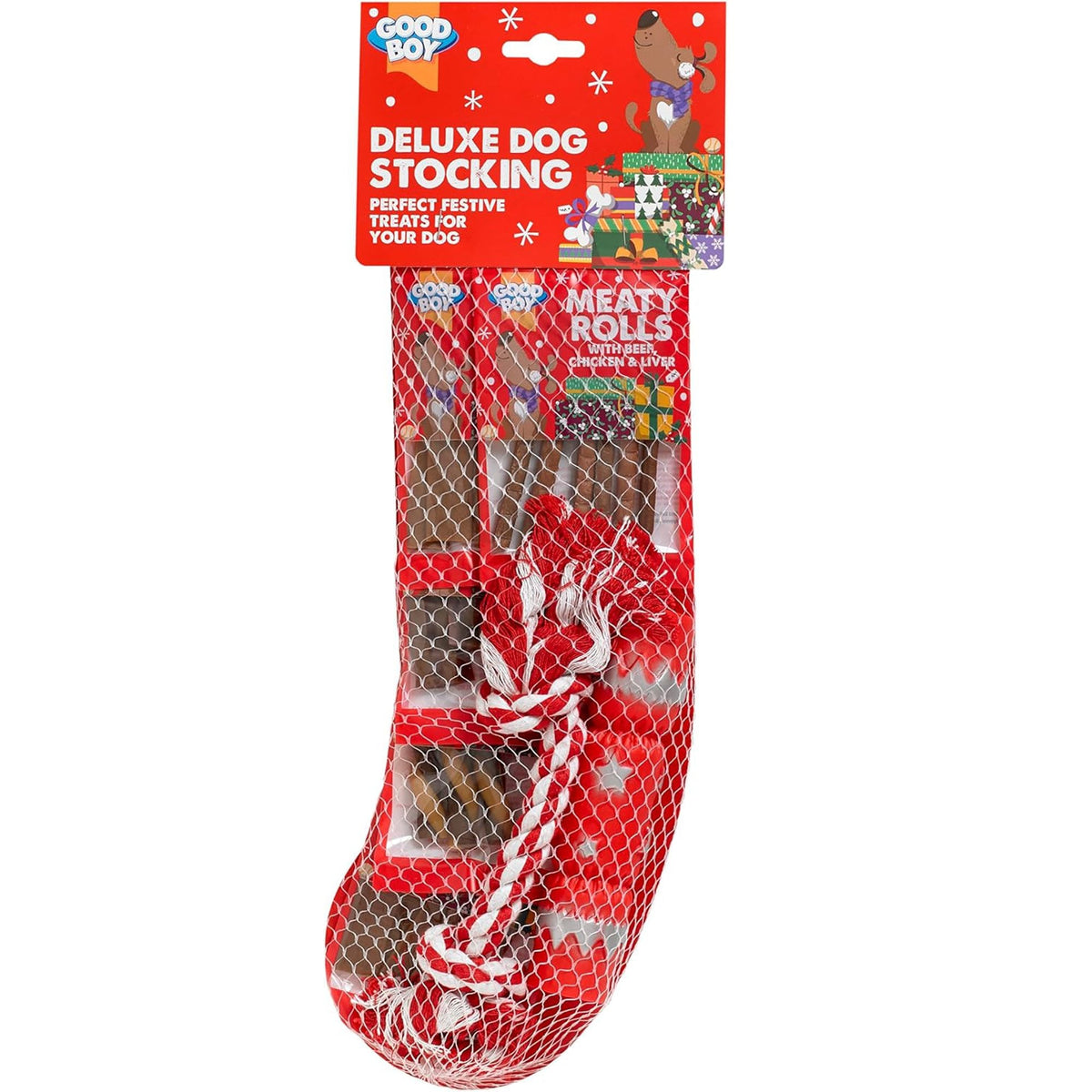 Armitage Good Boy Christmas Deluxe Dog Stocking with five 30g dog treats, a vinyl cracker and rope toy