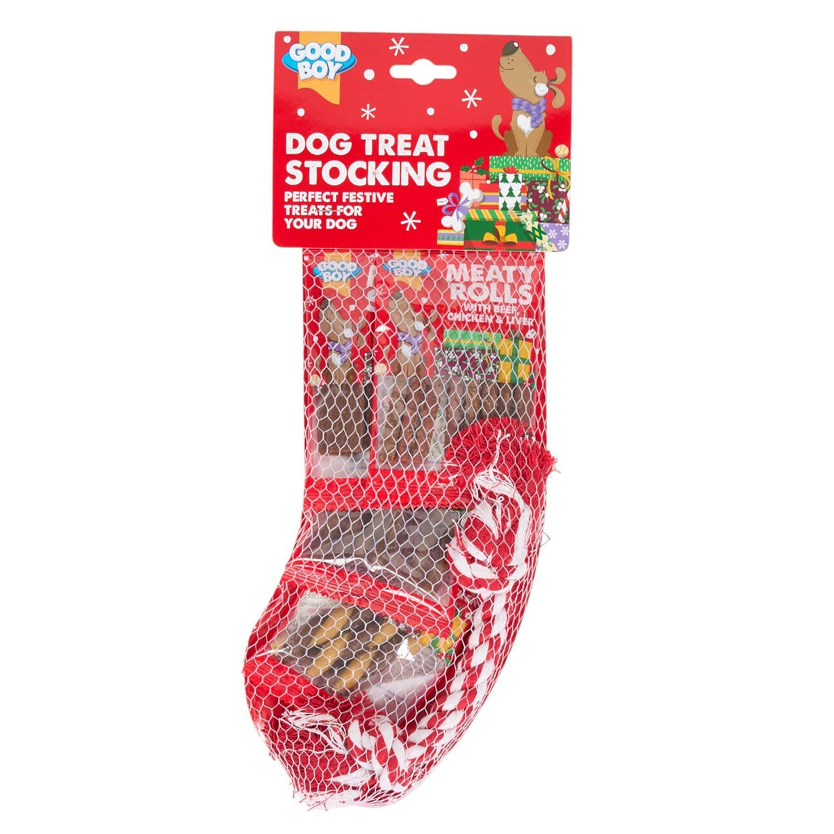 Good Boy Christmas Dog Treat Stocking with four 30g meaty treats and a rope toy