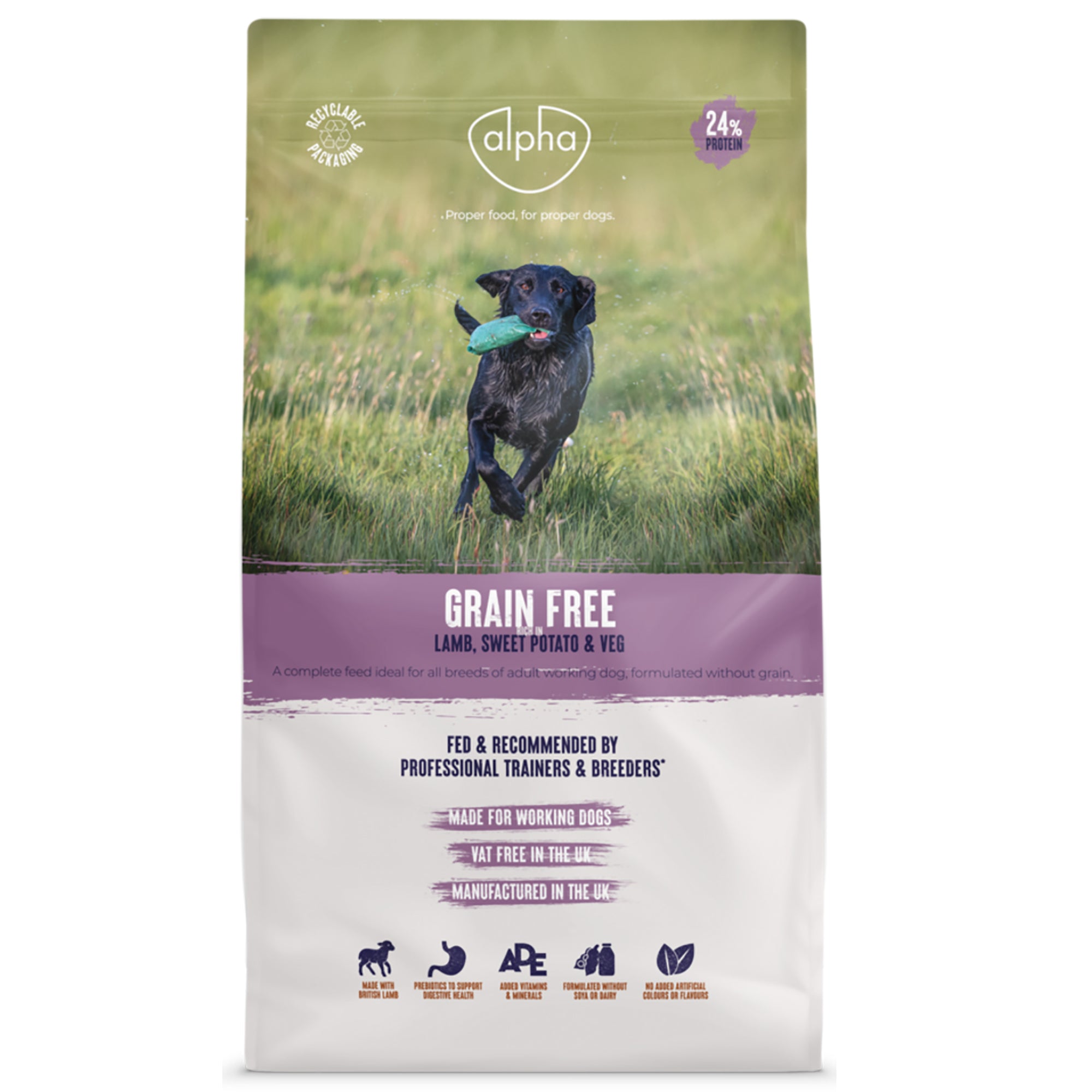 Dog food package with a black dog running in a field, featuring the Alpha brand.