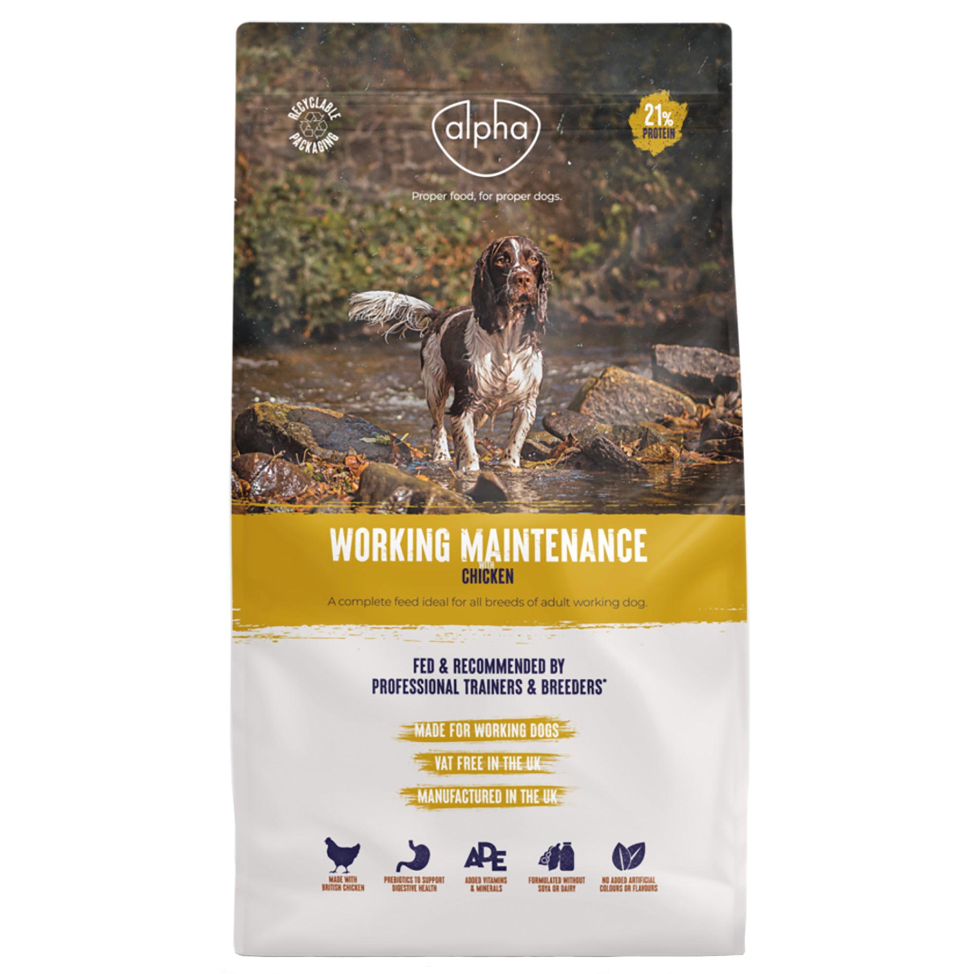 Dog food package with a dog on a rocky stream background, featuring the Alpha brand.