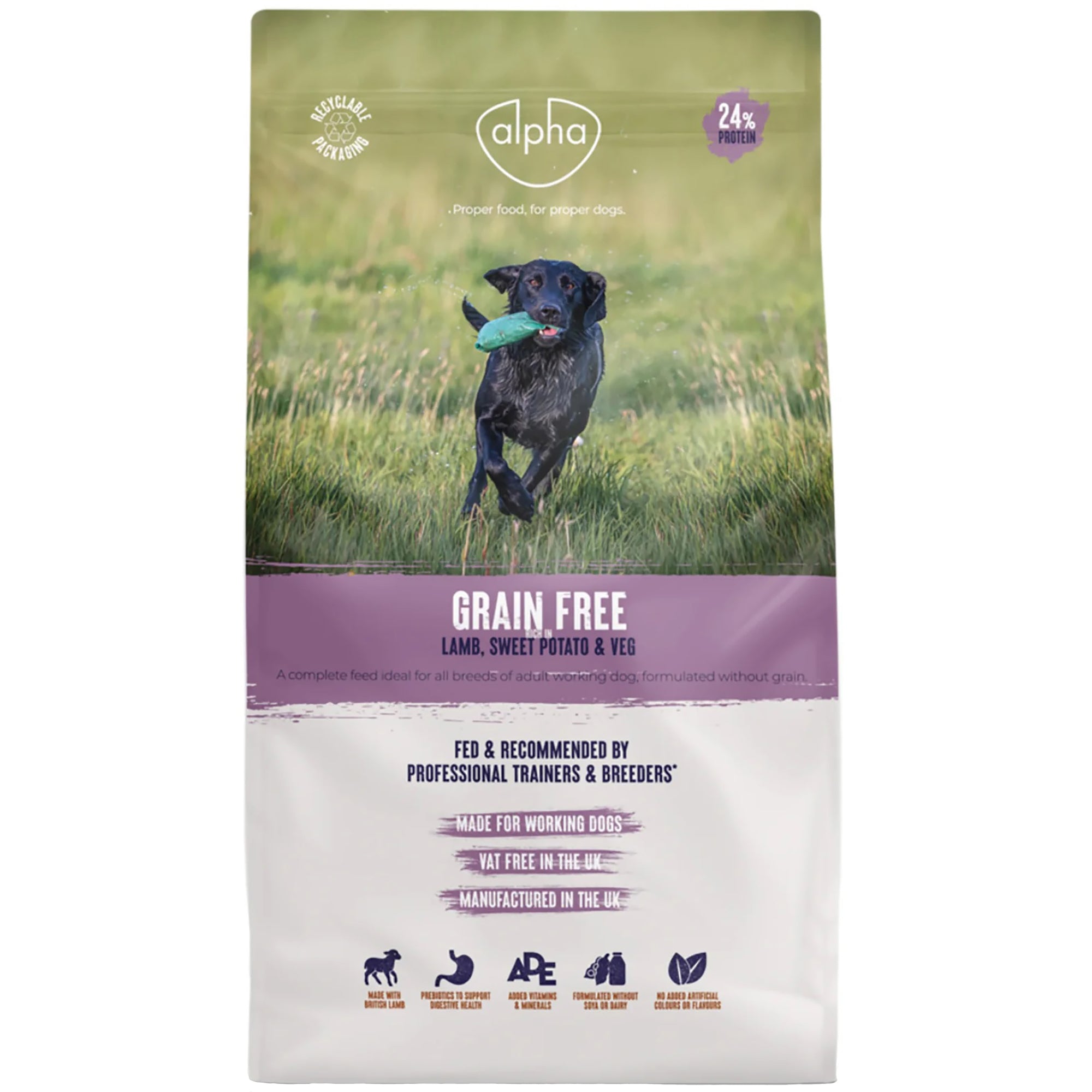 Dog food package with a dog running in a field on the label of the Alpha brand