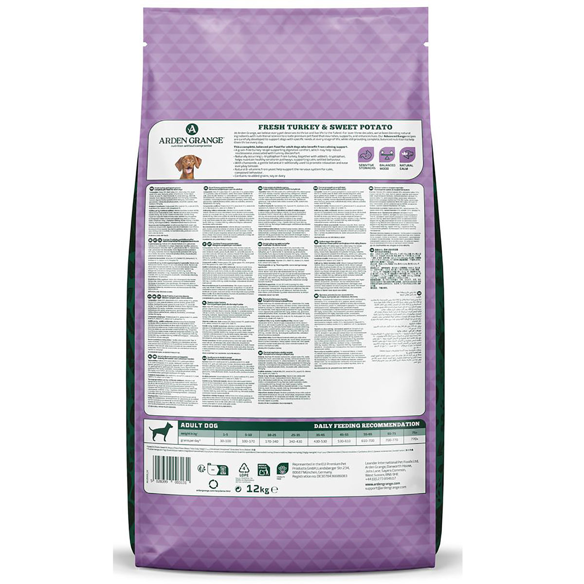 Back of Arden Grange Calming Adult 12kg bag showing feeding guide and ingredients
