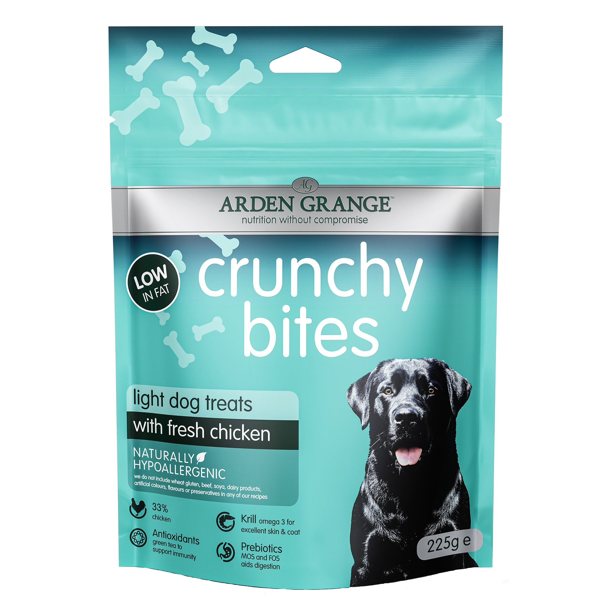 A 225g stand-up pouch of Arden Grange Crunchy Bites light dog treats with fresh chicken. The packaging is teal with white text and bone graphics, featuring a black Labrador dog on the front.