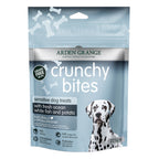 A bag of Arden Grange Crunchy Bites sensitive dog treats, featuring a light blue and silver design with a Dalmatian dog illustration on the front.