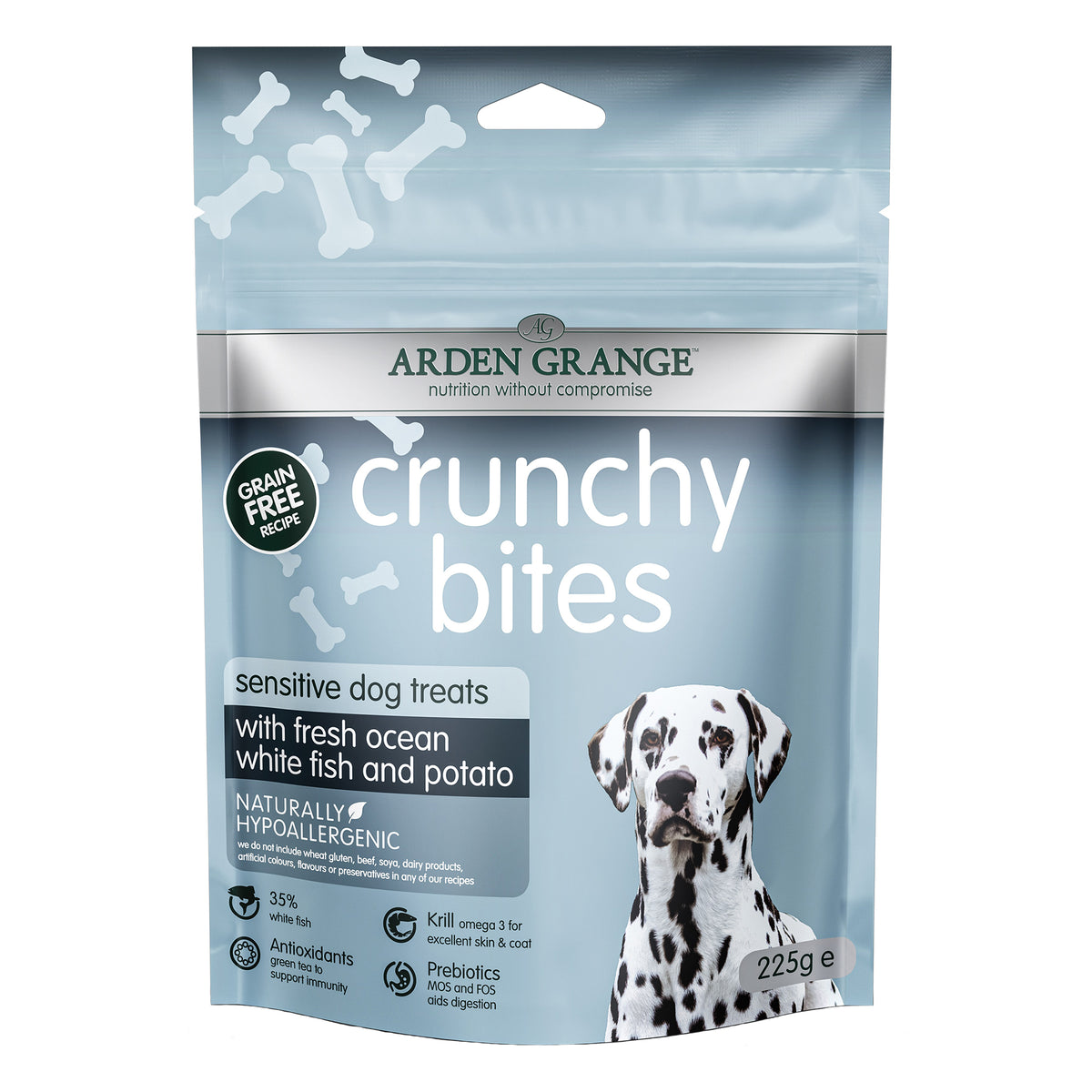 A bag of Arden Grange Crunchy Bites sensitive dog treats, featuring a light blue and silver design with a Dalmatian dog illustration on the front.