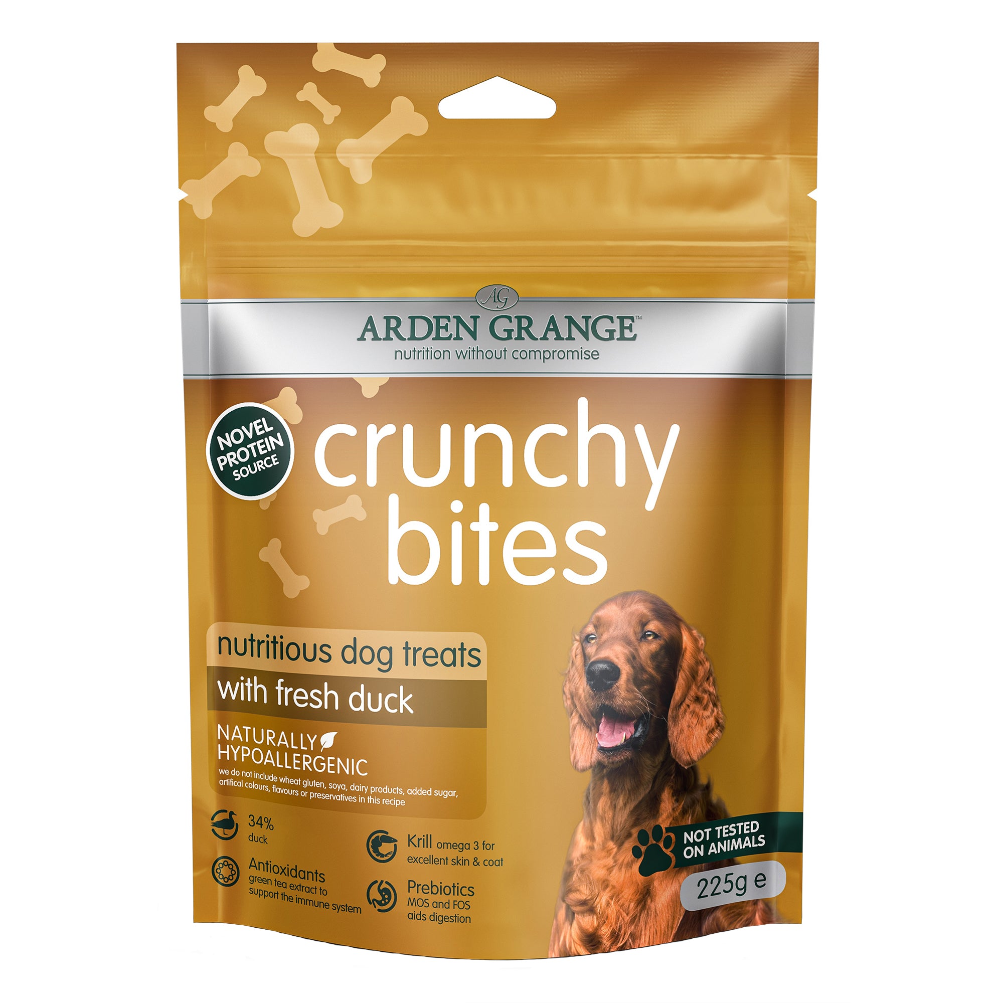 A bag of Arden Grange Crunchy Bites duck dog treats with fresh duck, featuring a golden-brown design with a photo of a brown dog on the front.
