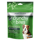 A 225g bag of Arden Grange Crunchy Bites lamb dog treats, featuring a green and white package with a photo of a brown and white dog on the front.