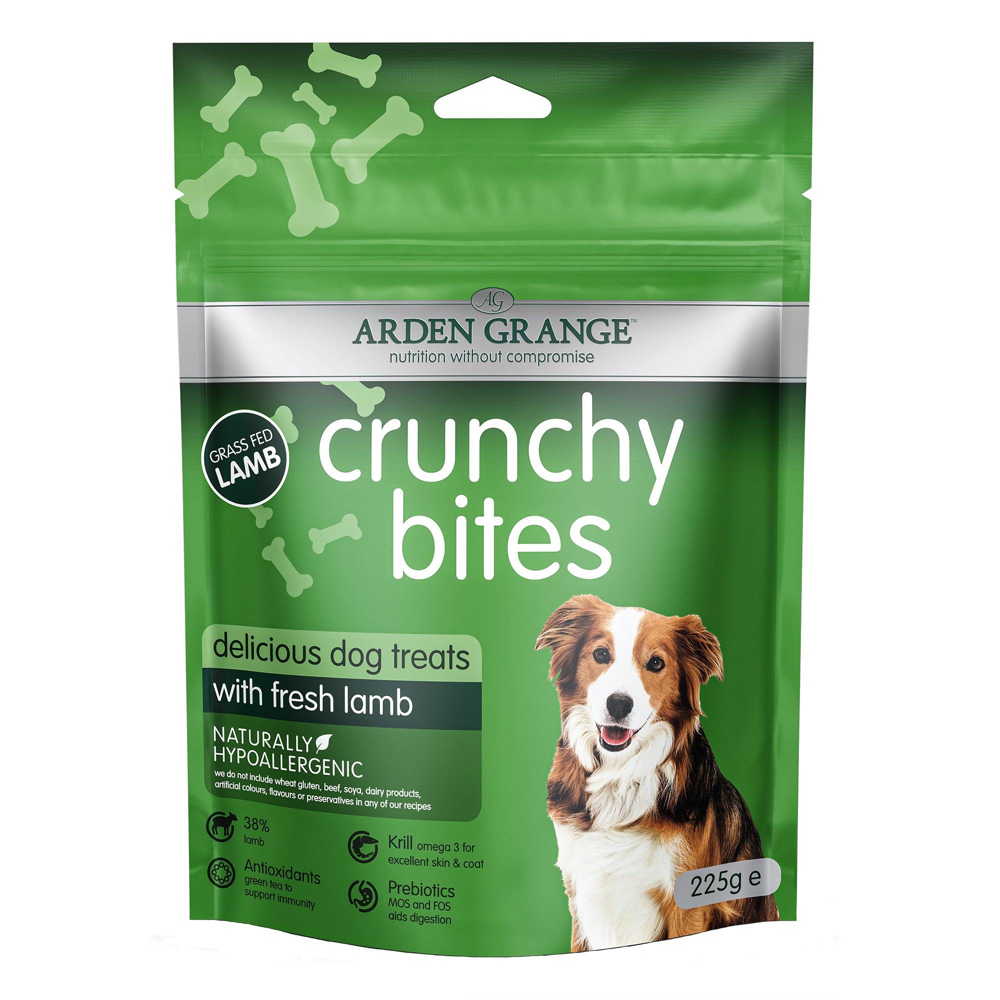 A 225g bag of Arden Grange Crunchy Bites lamb dog treats, featuring a green and white package with a photo of a brown and white dog on the front.