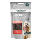 A 80g bag of Arden Grange Training Treats for dogs, featuring a silver and white pouch with a photo of a golden doodle dog on the front, set against a plain white background.
