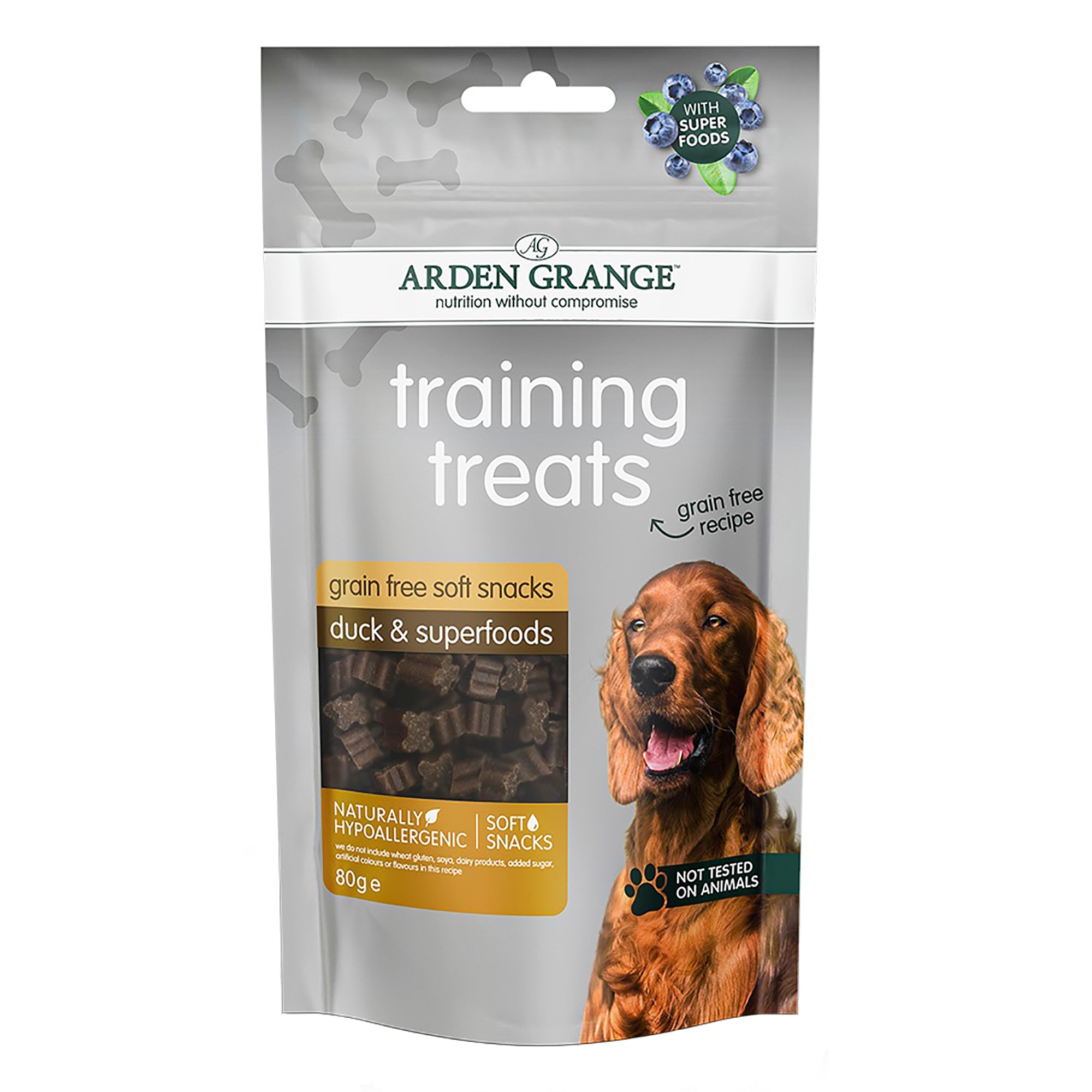 A 80g bag of Arden Grange Training Treats duck & superfoods grain free soft snacks, featuring a brown retriever on the front of the packaging against a white background.