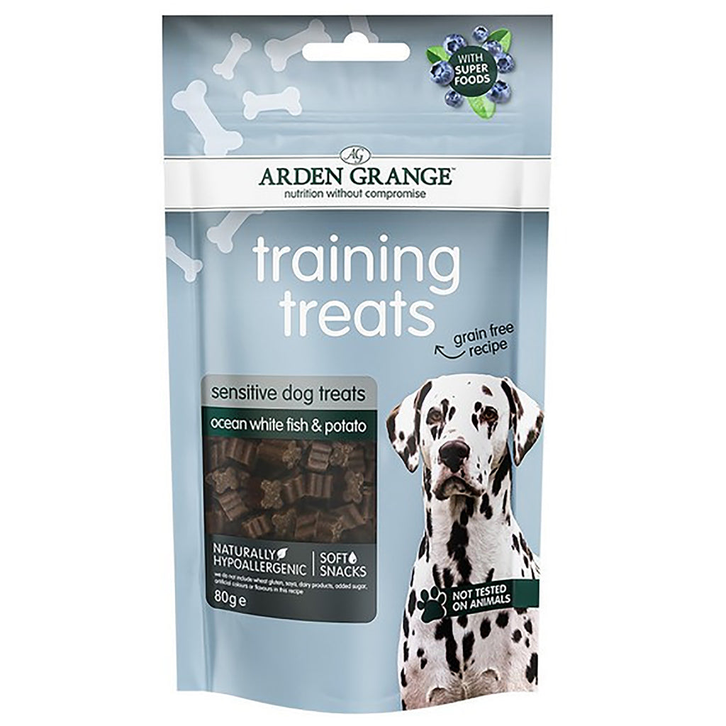 Arden Grange ocean white fish & potato training treats package for dogs with a Dalmatian on the label.