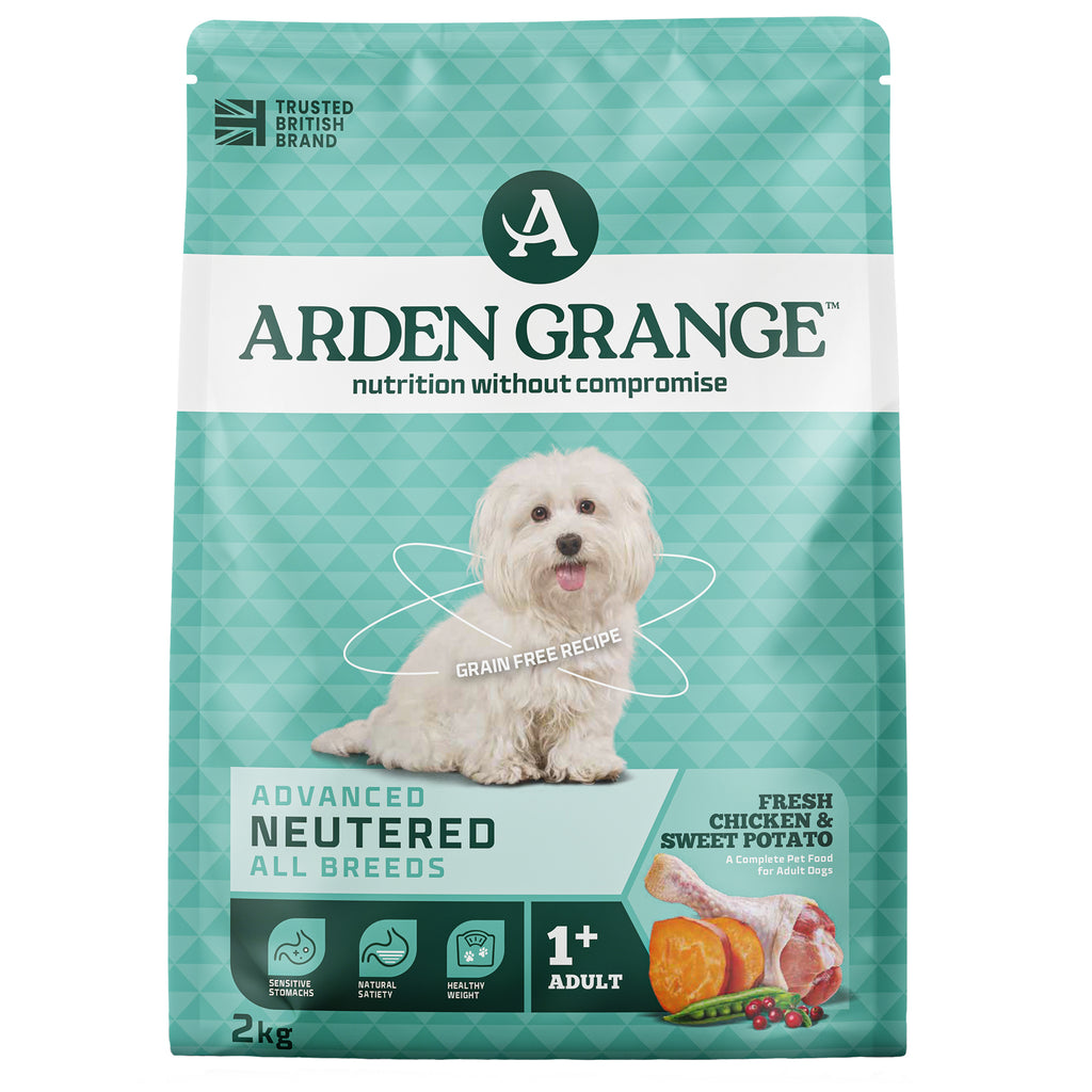Arden Grange dog food package for advanced neutered all breeds on a white background