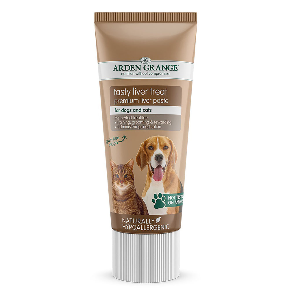 A tube of Aarden Grange Tasty Liver Treat premium liver paste for dogs and cats, featuring a brown and white design with illustrations of a dog and a cat.